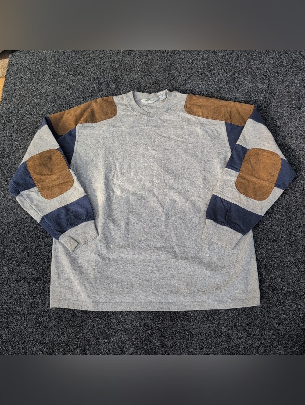 Orvis Shirt Mens Extra Large Gray Blue Striped Rugby Shoulder Elbow Patches Crew